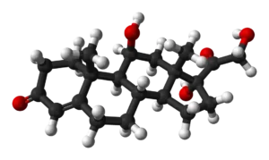 3D molecular structure of cortisol C21H30O5 shown in ball-and-stick diagram, clear chemical visualization